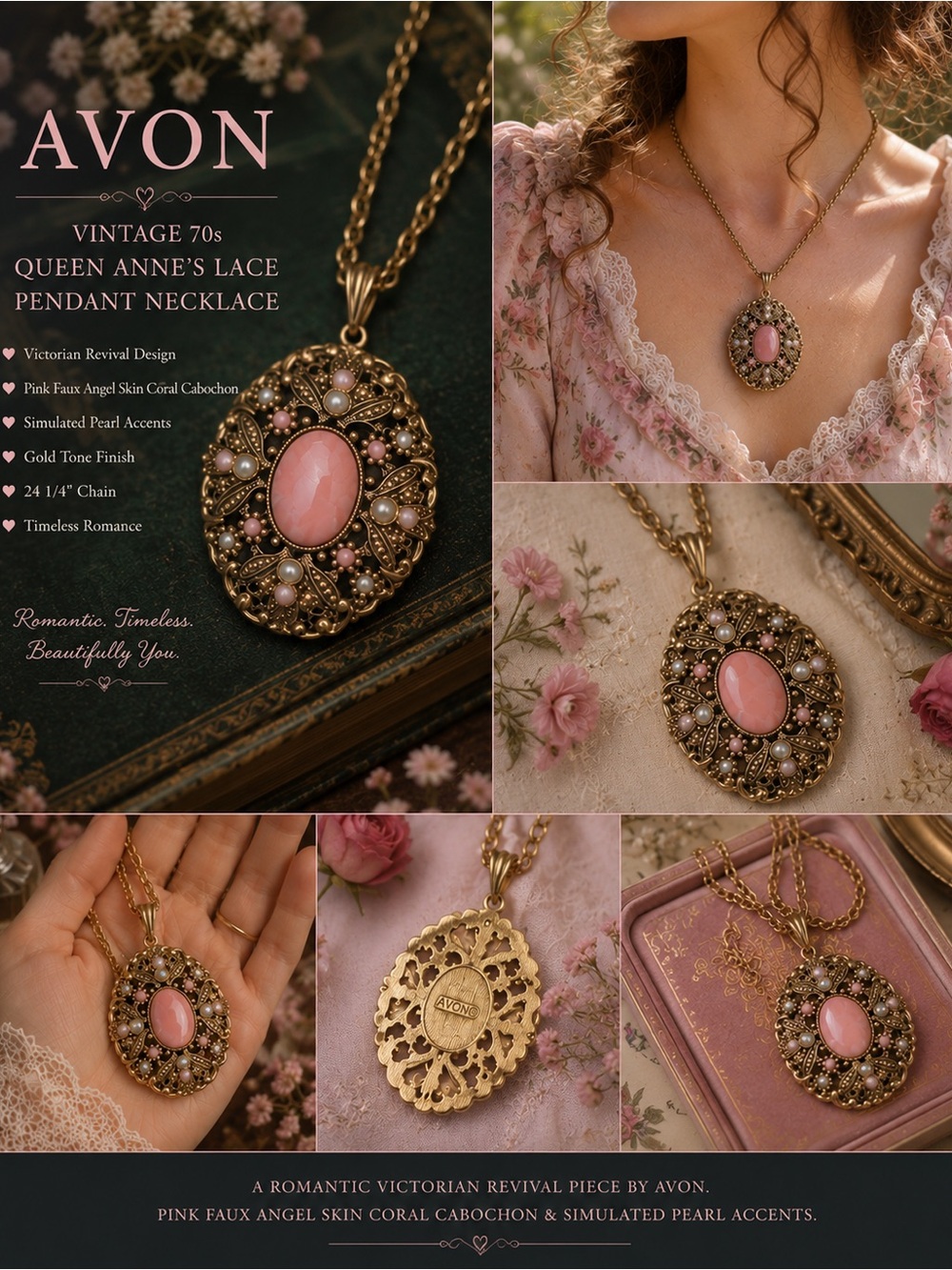 Vintage 1970s Avon Queen Anne’s Lace Pendant Necklace | Pink Faux Angel Skin Cor